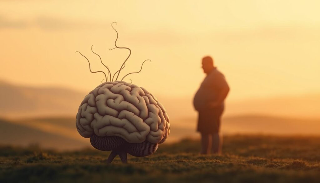 A serene and contemplative scene depicting the interplay between obesity and brain function. In the foreground, a detailed anatomical illustration of the human brain, its intricate structures rendered in muted tones. Surrounding it, a halo of ethereal tendrils symbolizing neural pathways. In the middle ground, a simplified silhouette of an overweight figure, its shape suggestive of the negative impacts of excess weight on cognitive processes. The background is a softly blurred landscape, conveying a sense of tranquility and thoughtfulness. Warm, diffused lighting illuminates the scene, creating a meditative atmosphere. The overall composition emphasizes the subtle, yet profound connection between physical and mental well-being, inviting the viewer to consider the importance of interventions to combat obesity.