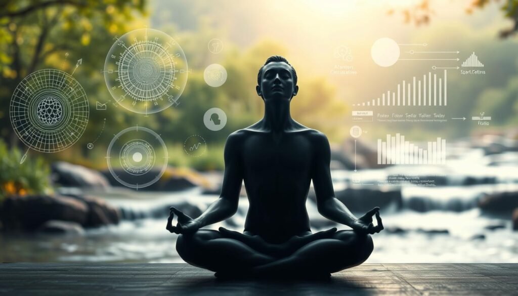 A serene and focused mental landscape, where techniques for improving mental focus are visualized. In the foreground, a human figure sits in a meditative pose, their eyes closed, radiating a sense of inner calm. In the middle ground, holographic diagrams and data visualizations hover, depicting the mechanisms of attention and focus. The background features a tranquil natural setting, with lush greenery, flowing water, and a soft, diffused lighting that creates a contemplative atmosphere. The overall composition conveys a sense of clarity, balance, and the harmonious integration of mind and environment.