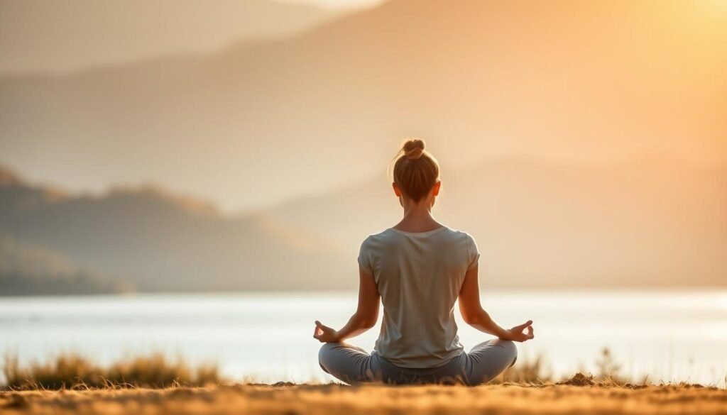A serene and introspective scene showcasing strategies for improving self-perception. In the foreground, a person sits in a meditative pose, eyes closed, radiating a sense of calm and self-awareness. The middle ground features a soft, blurred landscape with gentle hills and a tranquil lake, creating a peaceful atmosphere. The background is bathed in warm, golden lighting, suggesting an uplifting and hopeful mood. The overall composition evokes a feeling of mindfulness, self-reflection, and personal growth.