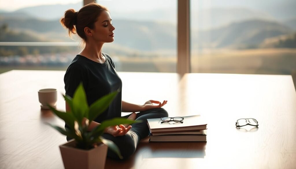 A serene and organized workspace with soft natural lighting, featuring a potted plant, a notebook, and a pair of glasses on a wooden desk. In the foreground, a person meditating in a lotus position, their eyes closed, embodying the essence of self-care and productivity. The background showcases a calming landscape of rolling hills and a distant horizon, conveying a sense of balance and tranquility. The overall scene radiates a sense of focus, mindfulness, and the harmonious integration of personal well-being and professional achievements.