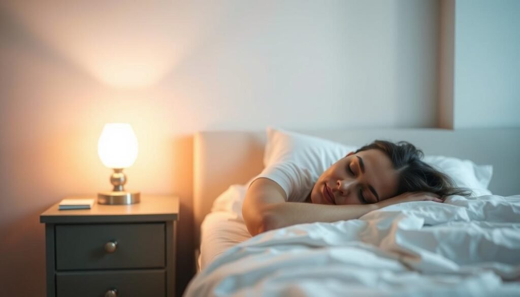 A serene bedroom scene with a person peacefully sleeping, bathed in soft, warm lighting. In the foreground, a bed with crisp, white linens and a plush comforter. In the middle ground, a nightstand with a lamp emitting a gentle glow, creating a calming ambiance. The background features muted, soothing colors, such as soft blues and greens, evoking a sense of tranquility. The overall atmosphere conveys the importance of quality sleep for mental well-being, with the person's expression exuding a sense of relaxation and restoration.