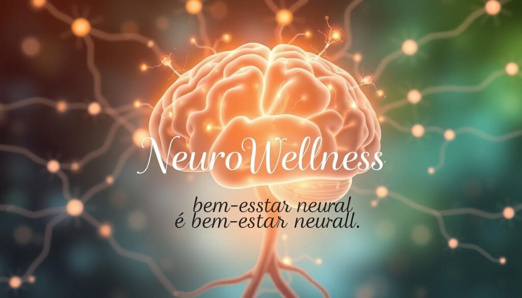 A serene brain silhouette surrounded by a glowing neural network, illuminated by warm, natural lighting. In the foreground, an elegant typography "NeuroWellness" floats, complemented by "e bem-estar neural" in a harmonious script. The middle ground features stylized neurons and synapses, conveying the interconnectedness of the mind and body. In the background, a soothing gradient shifts from soft blues to calming greens, evoking a sense of balance and mental well-being. The overall composition exudes a tranquil, contemplative atmosphere, capturing the essence of the "NeuroWellness" concept.