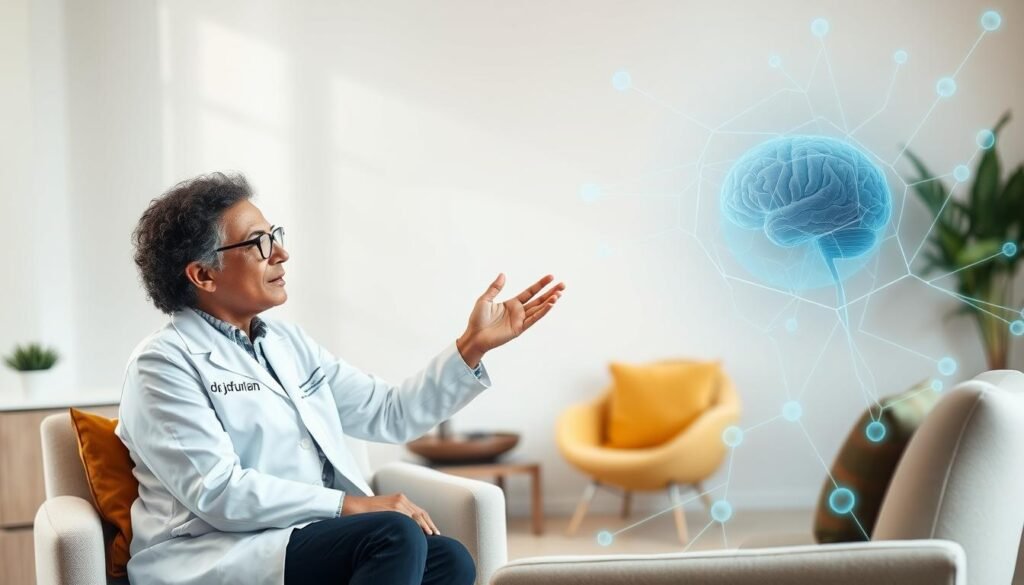 A serene, clinical setting with a cognitive-behavioral therapist discussing the latest neuroscience research with their patient. The therapist, wearing a "dr jo furlan" branded lab coat, gestures animatedly as they explain the connections between the brain, emotions, and behaviors. The patient, seated comfortably, listens intently, their facial expression conveying a sense of understanding and renewed hope. The room is bright and airy, with modern furnishings and calming earth-toned accents. Subtle neural pathways and synaptic connections are visible, intertwining the physical and mental aspects of the therapeutic approach. An atmosphere of collaboration and empowerment pervades the scene, reflecting the complementary nature of cognitive-behavioral therapy and neuroscience.