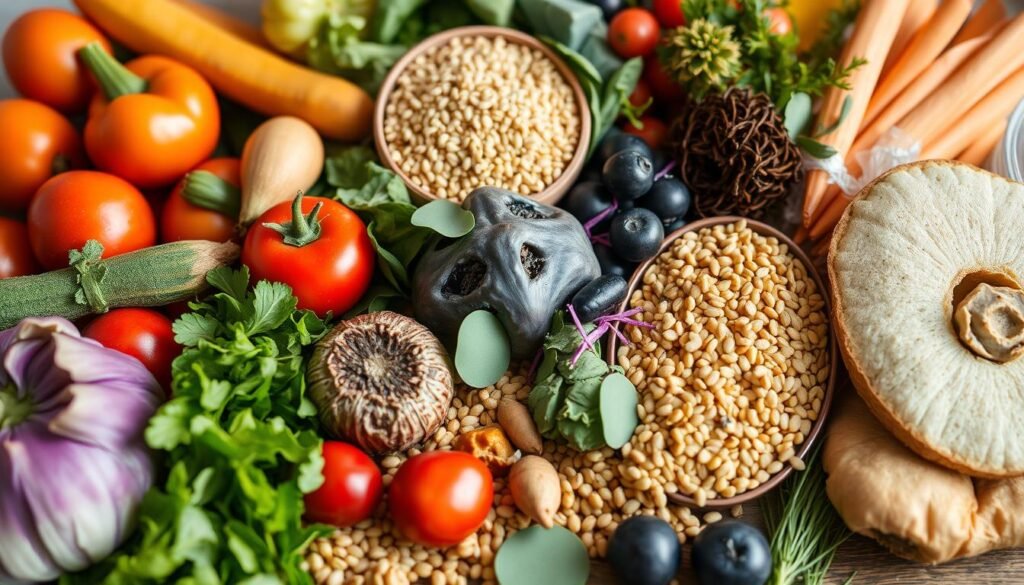 A serene, close-up photograph of a diverse array of fresh, vibrant produce arranged in a visually appealing manner. The items may include a variety of colorful fruits, vegetables, whole grains, and other whole food ingredients that represent a balanced, nutrient-dense, and consciously selected diet. The lighting is soft and natural, highlighting the textures and hues of the ingredients. The composition is well-balanced, with the subjects occupying the foreground and middle ground, and a blurred, minimalist background providing a sense of depth and focus. The overall mood is one of health, wellness, and a holistic, mindful approach to nourishment.