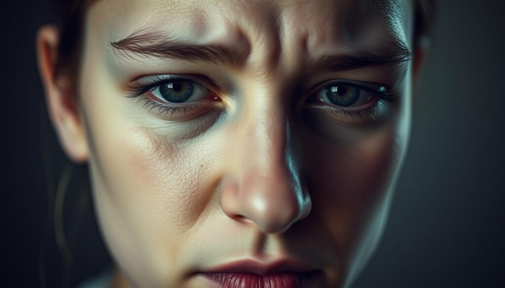 A serene, close-up portrait of a person's face, their expression conveying a complex mix of emotions - a subtle frown, slightly furrowed brows, and a pensive gaze. The lighting is soft and diffused, creating gentle shadows that accentuate the subject's features. The background is blurred, with muted tones that suggest an introspective, psychological atmosphere. The image captures the interplay between the physiological experience of hunger and the emotional resonance of that sensation, hinting at the delicate relationship between food and our inner lives.