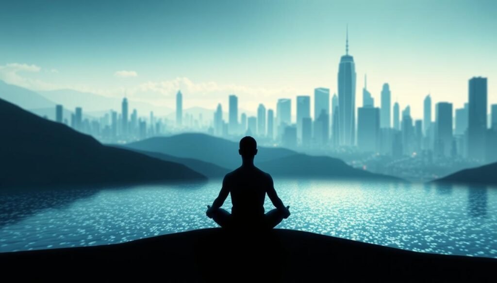 A serene, contemplative digital landscape. In the foreground, a human figure sits cross-legged, eyes closed, deeply immersed in introspective thought. The figure is rendered in a minimalist, almost ethereal style, their form glowing with an inner light. The middle ground features a shimmering, pixelated pond or lake, its surface reflecting the figure's meditative pose. In the background, a cityscape of towering, angular skyscrapers and digital architecture recedes into the distance, hinting at the technological world from which the figure seeks respite. The overall atmosphere is one of quiet tranquility, a moment of digital mindfulness amidst the noise and distraction of modern life.