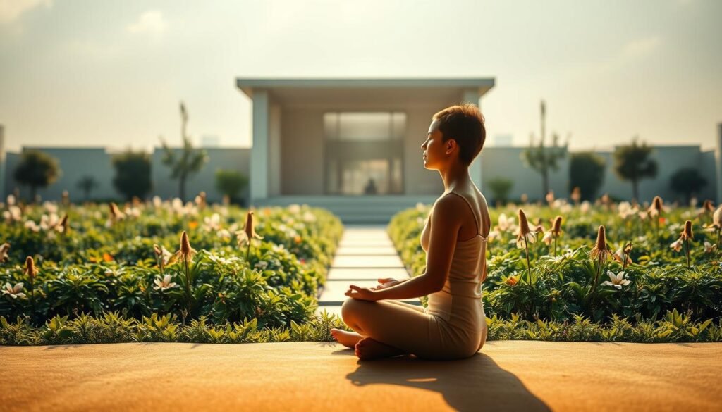A serene, contemplative scene depicting the essence of NeuroWellness. In the foreground, a person sits cross-legged in a peaceful meditation pose, eyes closed, surrounded by a soft, diffused light. The middle ground features a lush, verdant garden filled with soothing, healing plants and flowers. In the background, a tranquil, minimalist architecture blends seamlessly with the natural landscape, evoking a sense of harmony and balance. The overall atmosphere is one of calm, clarity, and a deep connection to the mind-body-spirit wellness. Warm, muted tones and gentle shadows create a relaxing, therapeutic ambiance. Captured through a wide-angle lens with a shallow depth of field, drawing the viewer's focus to the central figure.