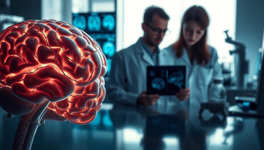 A serene, contemplative scene depicting the principles of behavioral neuroscience. In the foreground, a human brain model with intricate neural pathways and synaptic connections, illuminated by a soft, diffused light. In the middle ground, a group of scientists studying brain scans and data visualizations, their expressions reflecting deep concentration and intellectual curiosity. The background showcases a modern, well-equipped neuroscience laboratory, with state-of-the-art equipment and instruments. The overall atmosphere conveys a sense of scientific inquiry, the pursuit of knowledge, and the delicate interplay between the brain and human behavior.