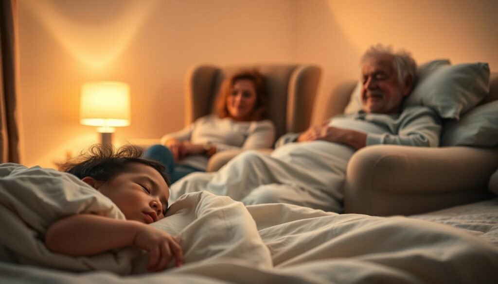 A serene, contemplative scene depicting the sleep quality experience across different life stages. In the foreground, a peaceful, slumbering young child wrapped in soft bedding. In the middle ground, a middle-aged person resting comfortably in a plush armchair, exuding a sense of rejuvenation. In the background, an elder peacefully dozing in a cozy bed, their face radiating a contented glow. The lighting is warm and diffused, creating a soothing, tranquil atmosphere. The perspective is angled to draw the viewer's eye through the layers of the scene, inviting contemplation on the importance of quality sleep at all ages.