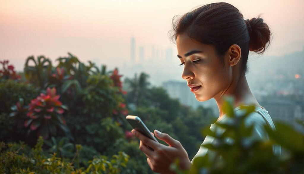 A serene digital landscape showcasing the intersection of technology and mental well-being. In the foreground, a person gazing thoughtfully at a smartphone, their face illuminated by the soft glow of the screen. The middle ground features a blend of organic and digital elements - lush, vibrant foliage intertwined with sleek, minimalist devices. In the background, a hazy, pastel-tinted skyline, hinting at the calming influence of nature amid the digital age. Warm, diffused lighting casts a tranquil atmosphere, as if to convey the delicate balance between technological progress and psychological harmony. The overall scene conveys a sense of introspection and the need to mindfully navigate the impact of social networks on our inner lives.
