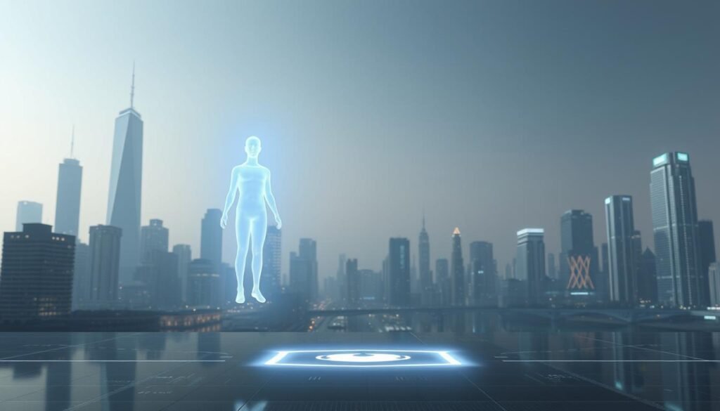 A serene digital landscape, where a floating holographic figure symbolizes mental well-being in the hyper-connected world. The figure appears as a translucent, ethereal presence, bathed in a soft, diffused light that creates an atmosphere of tranquility. In the background, a minimalist cityscape with towering skyscrapers and glowing digital interfaces suggests the technological backdrop of modern life. The composition emphasizes the contrast between the digital realm and the inner state of mental health, inviting the viewer to reflect on the impact of hyperconnectivity on psychological well-being.