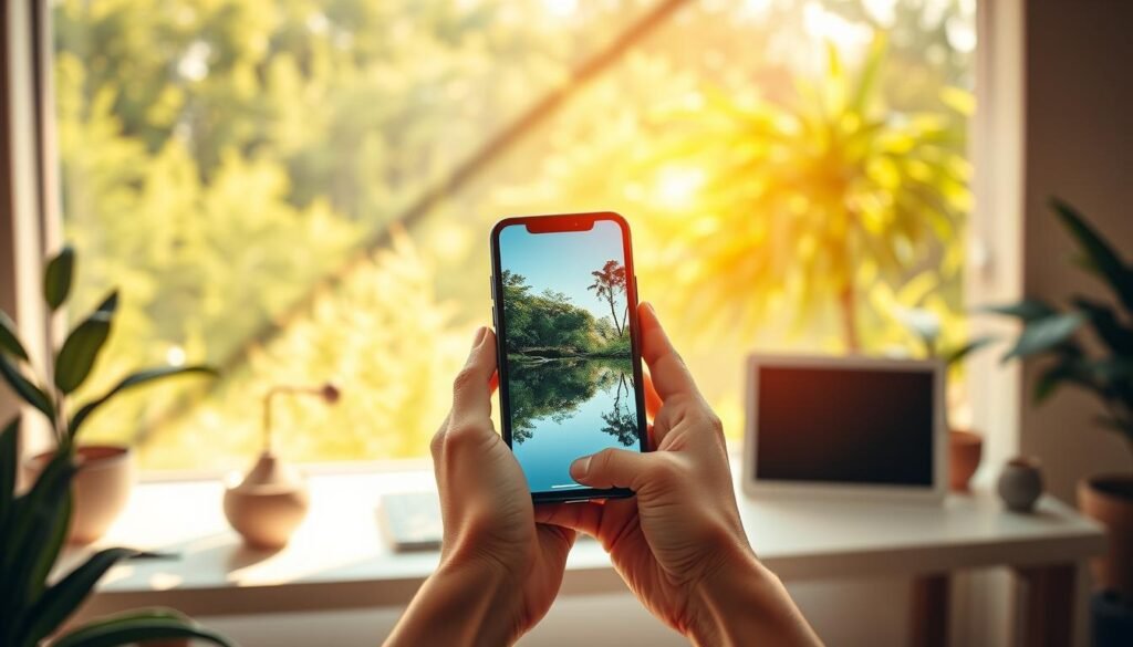 A serene digital oasis, bathed in warm, natural lighting. In the foreground, a person's hands delicately holding a smartphone, the screen displaying a tranquil nature scene. Surrounding them, stylized digital elements blend seamlessly with organic shapes and textures, creating a harmonious, calming atmosphere. In the middle ground, a minimalist workspace with a laptop and tablet, signifying the integration of technology into a balanced, mindful lifestyle. The background features lush, verdant foliage, symbolizing the rejuvenating power of digital detox. A sense of equilibrium and control pervades the scene, showcasing how technology can be leveraged to support well-being and mental clarity.