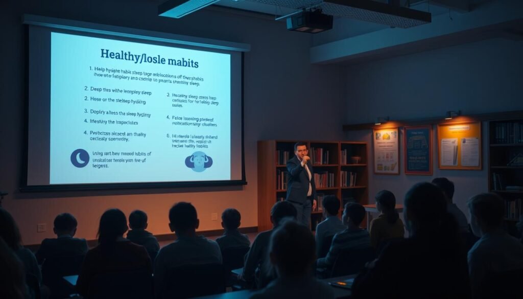 A serene, dimly lit classroom setting. In the foreground, a group of students sit attentively, engaged in a lesson about the importance of healthy sleep habits. The teacher, standing at the front, gestures towards a large projection screen displaying educational information on sleep hygiene and its benefits. Soft, warm lighting casts a cozy glow, creating an atmosphere of thoughtful contemplation. In the background, bookshelves and educational posters line the walls, reinforcing the academic environment. The overall scene conveys a sense of learning, understanding, and the vital role of education in promoting healthy sleep practices.