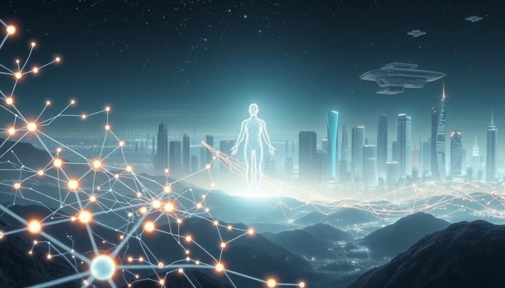 A serene, futuristic landscape depicting the concept of "Neuromentoria". In the foreground, a glowing neural network of interconnected nodes and synapses, pulsing with energy. In the middle ground, a holographic figure of a mentor, their form translucent and ethereal, guiding and nurturing the neural pathways. In the distant background, a panoramic vista of a gleaming, high-tech cityscape, with towering skyscrapers and hovering transport vehicles. The scene is bathed in a soft, diffused lighting, creating a contemplative and enlightening atmosphere. The overall impression is one of the seamless integration of the human mind and advanced technology, working in harmony to unlock the full potential of the individual.