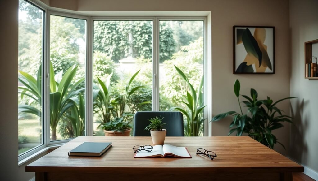 A serene home office setting, with a large window overlooking a lush, green garden. A wooden desk sits in the center, adorned with a potted plant, a journal, and a pair of reading glasses. The walls are painted in a soft, calming hue, complemented by a tasteful piece of abstract art. Soft, natural lighting filters in, creating a warm and inviting atmosphere. On the desk, a set of neatly organized notes and a pen, symbolizing the process of defining realistic goals. The overall scene conveys a sense of focus, productivity, and mindfulness, reflecting the theme of "Definindo Objetivos Realistas".