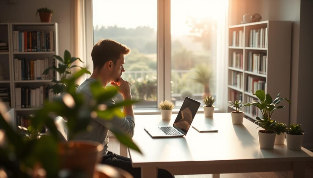 A serene home office with natural lighting streaming through a large window, illuminating a workspace focused on improving concentration. In the foreground, a person sits at a clean, minimalist desk, deep in thought, their gaze fixed on a laptop screen. Surrounding them, potted plants and a soft, calming color palette create an atmosphere of tranquility and mindfulness. In the middle ground, bookshelves filled with knowledge provide a sense of grounding and focus. The background features a tranquil outdoor scene, perhaps a garden or a peaceful landscape, hinting at the restorative power of nature. Soft, diffused lighting and a subtle depth of field emphasize the contemplative mood, encouraging the viewer to pause and consider the importance of cultivating a conducive environment for concentration.