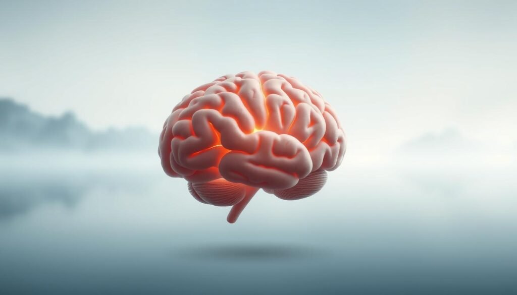 A serene, introspective brain floating in a meditative landscape. The brain appears calm and focused, with a subtle glow emanating from within, symbolizing the power of neuroplasticity and the brain's ability to adapt and change. The background features a serene, minimalist environment with a soft, dreamlike quality, perhaps a natural setting like a peaceful lake or a tranquil forest. The lighting is soft and diffused, creating a sense of tranquility and inner reflection. The composition is balanced and centered, drawing the viewer's attention to the brain and its transformative potential. Overall, the image conveys the idea of "dieta para emagrecer o cérebro" - the notion of reprogramming and optimizing the brain for weight loss and overall well-being.
