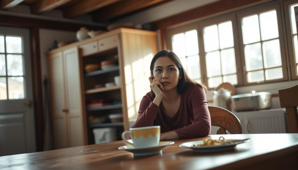 A serene kitchen scene, natural light flooding through large windows, casting a warm glow. In the foreground, a woman sits at a wooden table, deep in contemplation, her expression conveying a mixture of emotions. The table is adorned with a simple place setting, a cup of tea, and a plate of untouched food. The background features a well-stocked pantry, hinting at the potential for nourishment, yet the woman's pensive gaze suggests an inner turmoil, a struggle to distinguish emotional hunger from physical. The scene evokes a sense of tranquility and introspection, inviting the viewer to consider the nuances of emotional and physical sustenance.