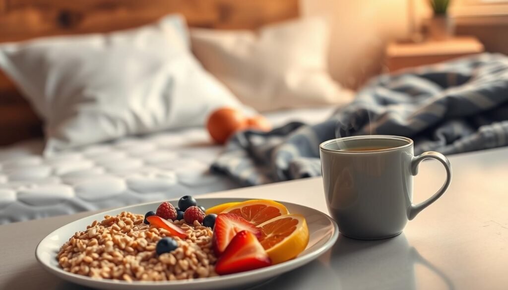 A serene kitchen scene with a healthy breakfast spread showcasing the connection between nutrition and sleep quality. In the foreground, a plate features a balanced meal of whole grains, fresh fruits, and a steaming cup of herbal tea. In the middle ground, a pair of comfortable pillows and a cozy throw blanket hint at the importance of a restful sleep environment. The background features soft, warm lighting and muted tones, creating a calming atmosphere that underscores the harmony between diet and sleep. The composition emphasizes the holistic approach to improving sleep through mindful eating habits.