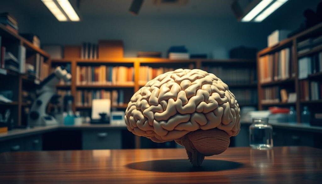 A serene laboratory setting, dimly lit with warm overhead lighting, showcasing the intricate workings of the human brain. In the foreground, a life-size anatomical model of the cerebral cortex sits on a polished wooden desk, its intricate folds and gyri meticulously detailed. Behind it, an array of scientific instruments, including a microscope, pipettes, and beakers, convey the meticulous nature of behavioral neuroscience research. In the middle ground, bookshelves line the walls, filled with volumes on the history and evolution of this discipline, hinting at the depth of knowledge and understanding that has been accumulated over time. The background is softly blurred, suggesting a sense of focus and concentration on the task at hand, as researchers delve into the mysteries of the mind and behavior.
