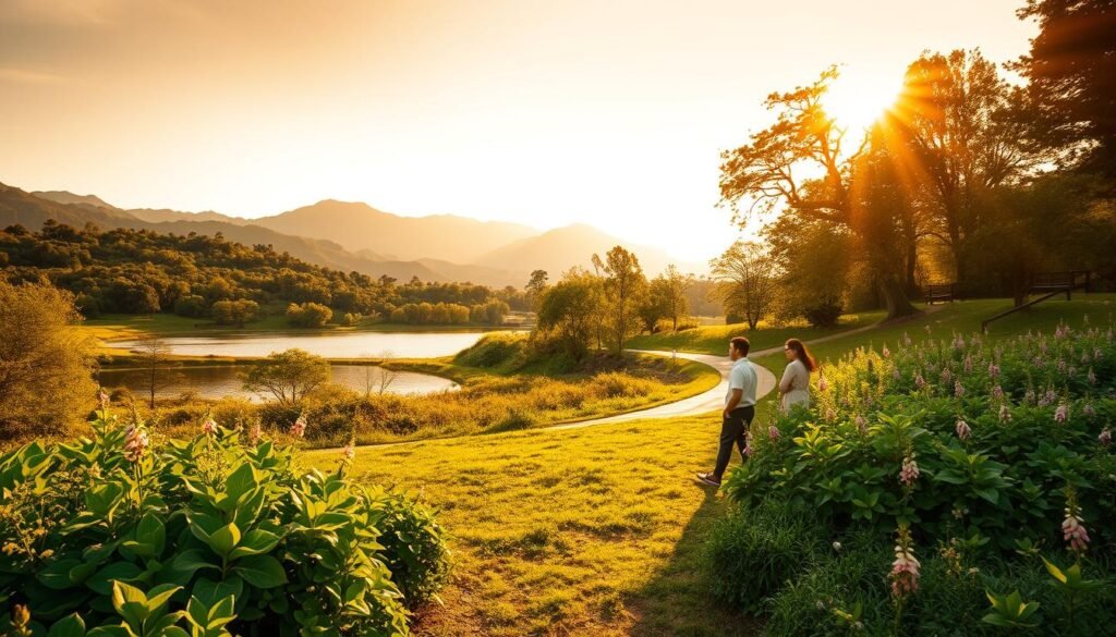 A serene landscape bathed in warm, golden light. In the foreground, a lush, verdant garden with flourishing plants and flowers, symbolizing the long-term growth and prosperity. In the middle ground, a meandering pathway leading towards a tranquil lake, its still waters reflecting the surrounding beauty. Along the path, individuals engage in contemplative activities, their expressions calm and focused, suggesting the pursuit of lasting fulfillment. In the background, a majestic mountain range, its peaks reaching towards the sky, evoking a sense of timelessness and the enduring power of nature. The overall scene conveys a sense of harmony, balance, and the rewards of patience and persistent effort.