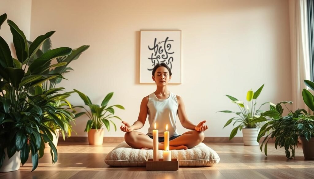A serene meditation space, bathed in warm, soft lighting. In the foreground, a person sits cross-legged on a plush meditation cushion, eyes closed, hands resting gently in their lap. Surrounding them, lush indoor plants, their leaves casting gentle shadows. In the middle ground, a pair of unlit meditation candles, their wicks waiting to be ignited. The background features a simple, minimalist wall, with a single abstract painting or calligraphic work providing a focal point for the meditative gaze. The overall atmosphere is one of tranquility, focus, and inner peace - a sanctuary for the practice of "Meditação Guiada".