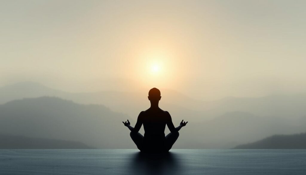 A serene, minimalist composition depicting the connection between mind and body. In the foreground, a tranquil human silhouette sits in a meditative pose, their outline blending seamlessly with a glowing aura. The middle ground features a smooth gradient of soft, calming colors, like a gentle flow of energy connecting the mind and physical form. The background is a hazy, atmospheric landscape, with muted tones and a sense of weightlessness, evoking a state of balance and inner harmony. Soft, diffused lighting casts a warm, therapeutic glow over the entire scene, creating a sense of deep introspection and well-being.