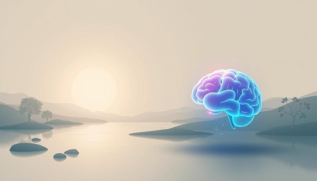 A serene, minimalist depiction of "NeuroWellness". In the foreground, a luminous brain silhouette, glowing with vibrant hues, represents the vitality and optimal functioning of the mind. Surrounding it, a tranquil landscape unfolds, with lush greenery, soothing water elements, and a calming, diffused light. The middle ground features calming geometric shapes and patterns, symbolizing the harmony and balance essential for neural well-being. In the background, a soft, muted color palette evokes a sense of peace and contemplation, inviting the viewer to engage in mindful self-care practices. The overall composition conveys a holistic, restorative vision of "NeuroWellness", inspiring a deeper understanding and appreciation for the importance of brain health.