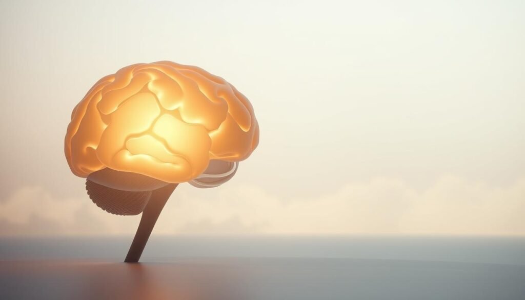 A serene, minimalist depiction of the human brain undergoing a process of "cerebral weight loss". The foreground features a semi-transparent, glowing brain silhouette set against a soft, pastel-hued background, conveying a sense of lightness and mental clarity. The middle ground showcases subtle visual cues alluding to neurological processes, such as delicate neural pathways and synaptic connections. The background offers a tranquil, muted environment, perhaps with a hint of natural elements like clouds or a calming gradient. Dramatic, low-angle lighting casts shadows that accentuate the brain's contours, creating a contemplative, almost spiritual atmosphere. The overall composition exudes a sense of mental rejuvenation and cognitive refinement.