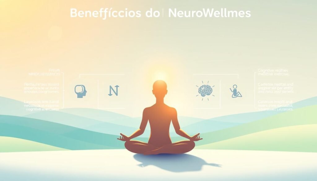 A serene, minimalist illustration showcasing the key benefits of NeuroWellness. In the foreground, a central figure sits in a lotus position, exuding a sense of calm and inner peace. The figure is bathed in warm, natural lighting, creating a soft, glowing effect. In the middle ground, a series of icons or symbols representing the various NeuroWellness techniques, such as mindfulness, meditation, and cognitive exercises, are arranged in a balanced, harmonious layout. The background features a soothing, abstract landscape with gentle gradients of blues and greens, evoking a sense of tranquility and mental well-being. The overall mood is one of clarity, focus, and rejuvenation, perfectly capturing the essence of the "Benefícios do NeuroWellness" section.