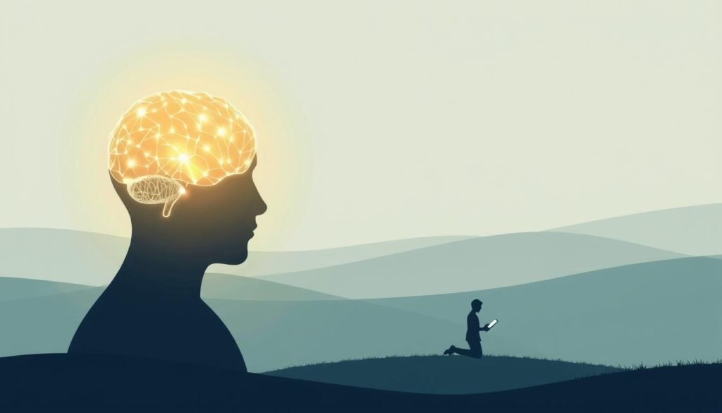 A serene, minimalist illustration showcasing the power of neuroplasticity through practical training. In the foreground, a person's brain is depicted as a glowing, interconnected network, representing the dynamic, ever-changing nature of the human mind. In the middle ground, the person is shown engaged in a focused, thoughtful activity, such as reading or writing, symbolizing the intentional practice that enhances neuroplasticity. The background features a calming, abstract landscape with subtle gradients and soft lighting, creating a sense of tranquility and mindfulness. The overall composition conveys the idea that through dedicated, deliberate training, the brain's neuroplasticity can be harnessed to drive positive behavioral changes.