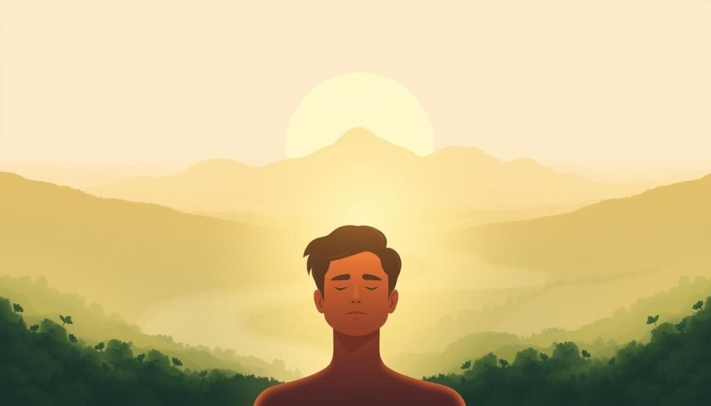 A serene, minimalist mental health illustration. In the foreground, a person in a contemplative pose, their face tranquil, surrounded by a soft, hazy glow. Behind them, a lush, verdant landscape unfolds, with a winding river and distant mountains. The lighting is warm and diffused, creating a sense of calm and introspection. The middle ground features abstract shapes and forms, representing the interconnectedness of the mind and the natural world. The background is a muted, pastel-toned sky, adding to the peaceful, dreamlike atmosphere. The overall composition conveys a sense of balance, harmony, and the importance of mental well-being in an increasingly hyper-connected world.