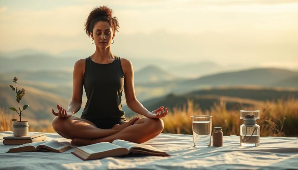 A serene, minimalist scene depicting effective strategies to avoid compulsions and addictions. In the foreground, a person sits in a meditative pose, their face calm and focused. Surrounding them, various symbolic elements represent healthy coping mechanisms - a book, a plant, a glass of water. In the middle ground, a gentle landscape with rolling hills and a calming sky, conveying a sense of tranquility. The lighting is soft and natural, with a warm, golden hue. The entire scene is captured through the lens of a professional photographer, dr jo furlan, with a focus on simplicity and balance.