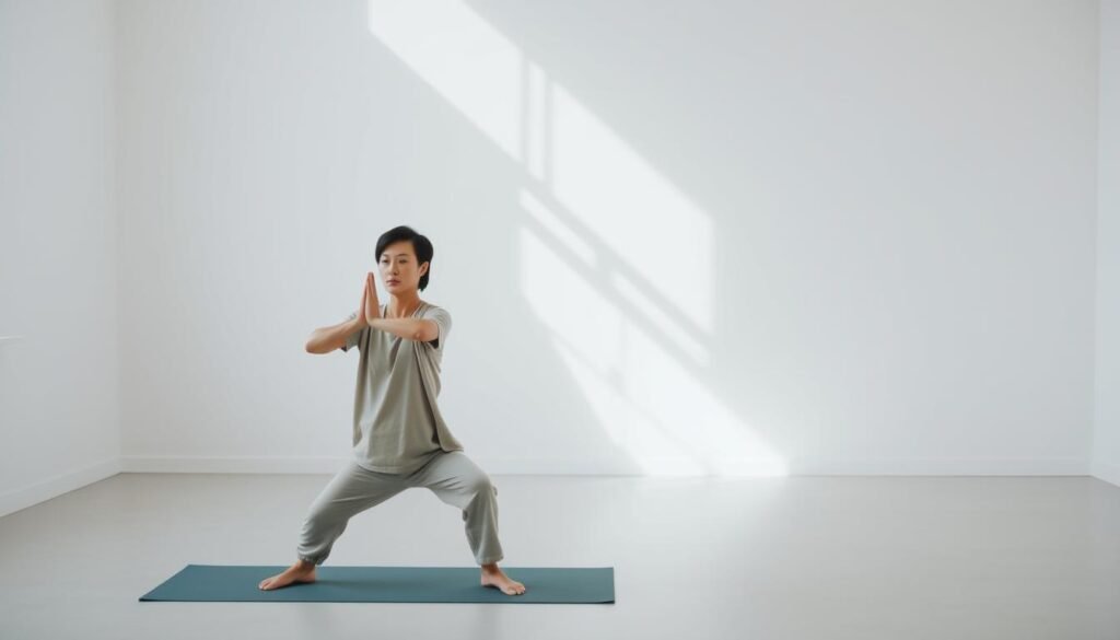 A serene, minimalist scene of a person engaged in focused, low-impact physical exercises, surrounded by a calming, cerebral atmosphere. In the foreground, a person in comfortable, neutral-toned activewear performs gentle yoga poses or tai chi movements, their expression one of deep concentration. The middle ground features a clean, uncluttered space with natural lighting filtering in, creating a sense of tranquility. In the background, an abstract, brain-like pattern or texture subtly evokes the concept of "brain exercise", complementing the physical activity. The overall mood is one of balance, mindfulness, and the integration of body and mind.