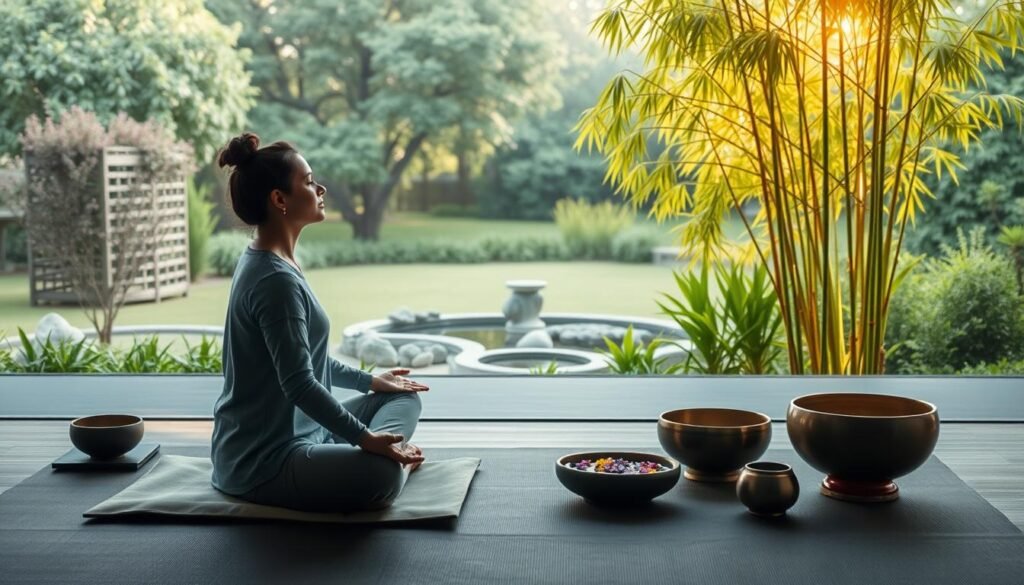A serene, minimalist scene showcasing the practices of NeuroWellness. In the foreground, a person sits cross-legged on a meditation cushion, eyes closed in deep contemplation. Surrounding them, an array of mindfulness objects - a small Zen garden, a bowl of water with floating flowers, a singing bowl. The middle ground features a tranquil, natural setting - a lush, verdant garden with a small pond and swaying bamboo. In the background, soft, warm lighting filters through the trees, creating a calming, ethereal atmosphere. The overall tone is one of inner peace, balance, and mental rejuvenation.