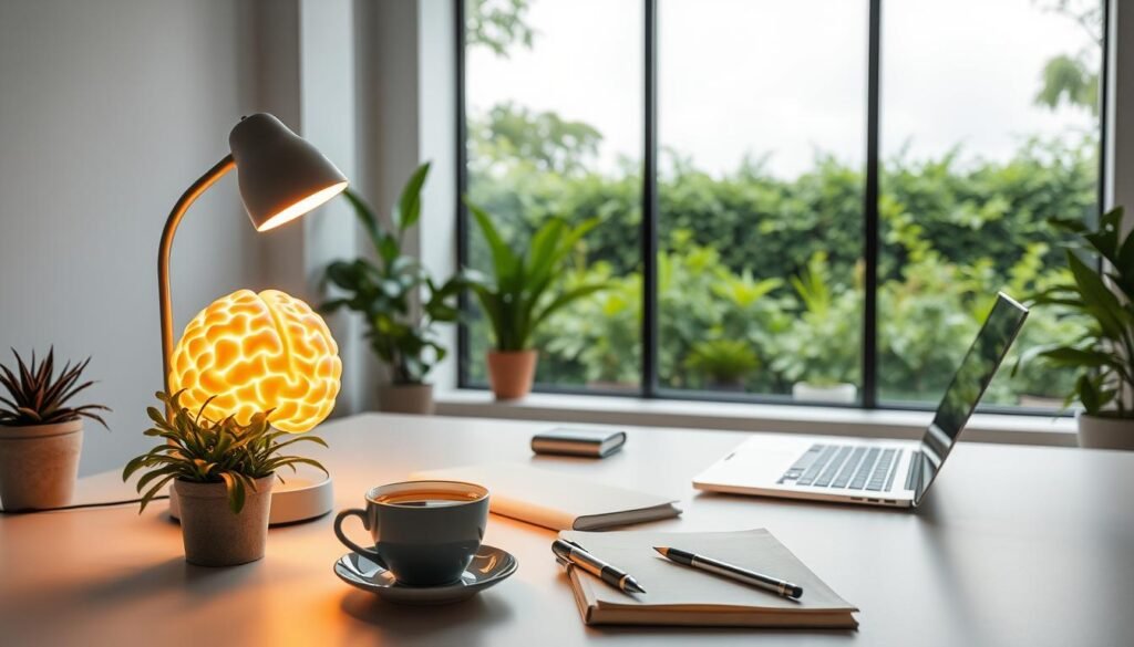 A serene, minimalist workspace with a brain-shaped desk lamp casting warm, focused light. In the foreground, a potted plant and a cup of herbal tea symbolize wellness and mental clarity. The middle ground features a laptop, notebook, and pen, hinting at productivity and cognitive engagement. The background showcases a large window overlooking a lush, verdant garden, creating a sense of connection to nature. The overall atmosphere is one of tranquility, balance, and mental rejuvenation, embodying the essence of "NeuroWellness."