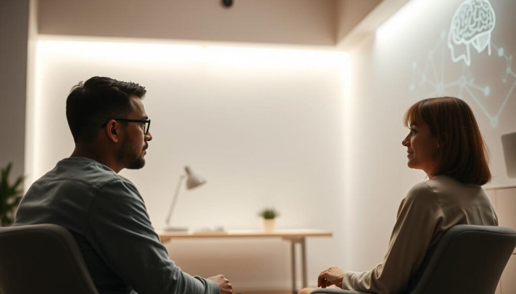 A serene neuroscience-inspired mentorship scene. In the foreground, two figures sit facing each other, engaged in deep discussion, their expressions thoughtful. The background is a softly lit, minimalist workspace, with clean lines and muted tones. Gentle lighting from above casts a warm glow, creating an atmosphere of contemplation and collaborative learning. Subtle neural network diagrams and brain imagery adorn the walls, underscoring the scientific foundations of this mentorship experience. The composition is balanced, with a sense of tranquility and focus, reflecting the application of neuroscience principles to the art of effective mentorship.