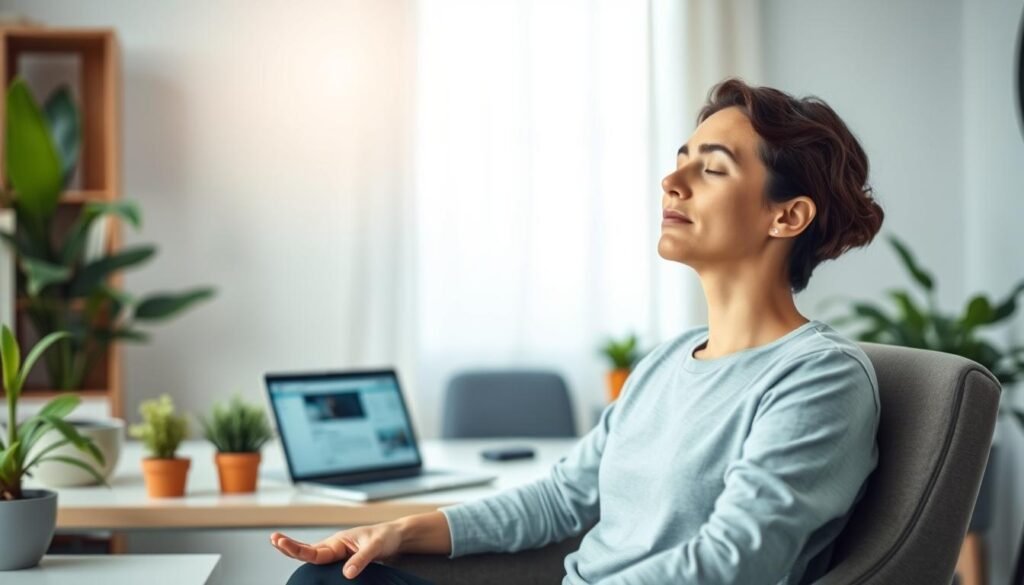 A serene office setting with a person practicing mindful breathing techniques, surrounded by soothing natural elements like potted plants and a calming color palette. Soft, diffused lighting illuminates the scene, creating a contemplative atmosphere. The subject is seated in a comfortable chair, eyes closed, radiating a sense of inner peace and stress management. In the background, subtle visualizations or graphics related to stress management techniques are displayed on a laptop or tablet, providing a holistic representation of "Técnicas de gerenciamento do estresse".
