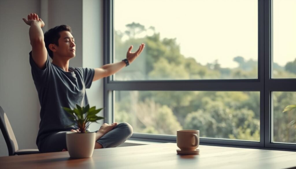 A serene office setting with a person taking a break, stretching and meditating near a large window overlooking a lush, verdant landscape. The lighting is soft and diffused, creating a calming, introspective atmosphere. The person is dressed casually, their expression peaceful and focused. In the foreground, a potted plant and a cup of tea or coffee sit on a minimalist wooden desk, symbolizing the importance of self-care and mental well-being. The background features natural elements like trees and a clear sky, reinforcing the connection between physical and mental health.
