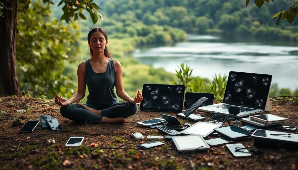 A serene outdoor scene depicting the relationship between screens and mental health. In the foreground, a person sits cross-legged, eyes closed, engaged in mindful meditation, disconnected from digital devices. In the middle ground, various electronic screens - smartphones, tablets, laptops - are arranged haphazardly, symbolizing the pervasive presence of technology in our lives. The background showcases a lush, verdant landscape with a calming river or lake, representing the natural world and its restorative powers. Warm, diffused lighting creates a tranquil atmosphere, and the composition emphasizes the contrast between the digital and the analog, the restless and the serene. The image conveys a sense of balance and the importance of finding harmony between our digital and mental well-being.