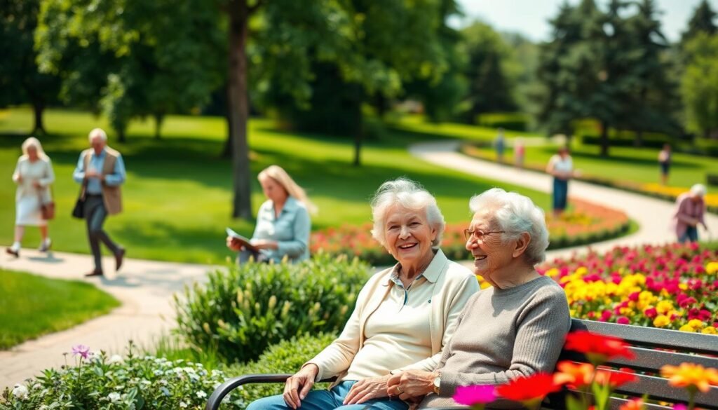 A serene outdoor scene featuring an elderly couple engaged in lively conversation, their faces alight with energy and joy. The foreground showcases the couple, dressed in casual yet stylish attire, seated on a park bench surrounded by lush greenery and a vibrant floral display. The middle ground includes other seniors strolling, reading, or playing games, all exuding a sense of active engagement and fulfillment. The background depicts a tranquil, sun-dappled landscape with a gently winding path, suggesting a peaceful, rejuvenating environment. The overall tone conveys the benefits of maintaining an active, socially connected lifestyle in the later years, evoking a mood of contentment, vitality, and a zest for life.