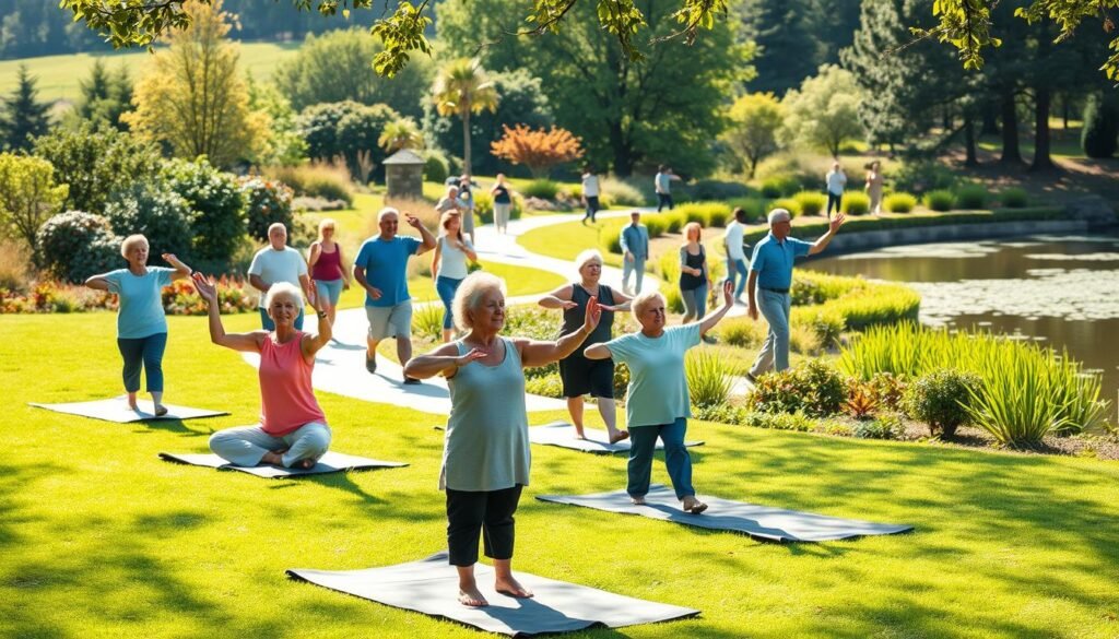 A serene outdoor scene with a group of active, diverse individuals engaged in a variety of low-impact exercises to promote longevity. The foreground features a group of seniors stretching and doing gentle yoga poses on mats, their expressions peaceful and focused. The middle ground showcases people of various ages walking briskly on a winding path, surrounded by lush greenery and a vibrant, sun-dappled landscape. In the background, a tranquil pond reflects the scene, with a few individuals practicing tai chi or qigong movements on its banks. Soft, natural lighting bathes the entire composition, creating a calming, rejuvenating atmosphere that emphasizes the importance of physical activity for health and wellbeing in the later stages of life.