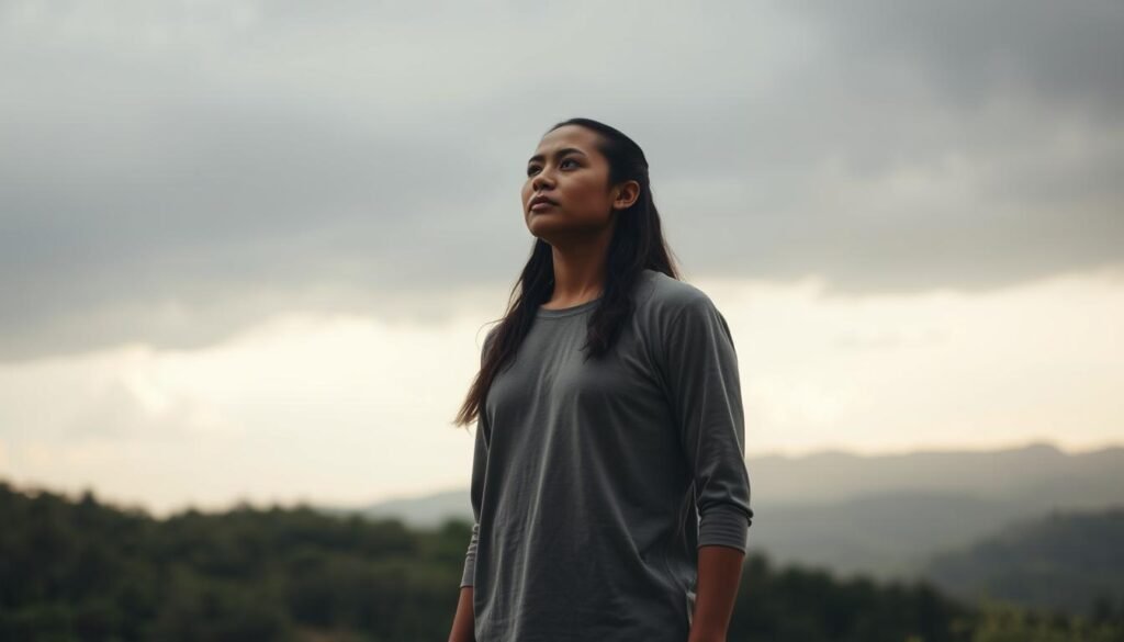 A serene portrait of emotional resilience, captured in soft, muted tones. In the foreground, a figure stands tall, their gaze unwavering, embodying inner strength and determination. The middle ground features a lush, verdant landscape, symbolizing the nourishing environment that fosters personal growth. In the background, a hint of a stormy sky, representing the challenges and adversities one must face, yet the figure remains steadfast, unfazed by the turbulence. Gentle lighting casts a warm, reassuring glow, conveying a sense of hope and resilience. The composition is balanced, with a sense of harmony and interconnectedness, reflecting the journey of overcoming emotional obstacles and emerging stronger.
