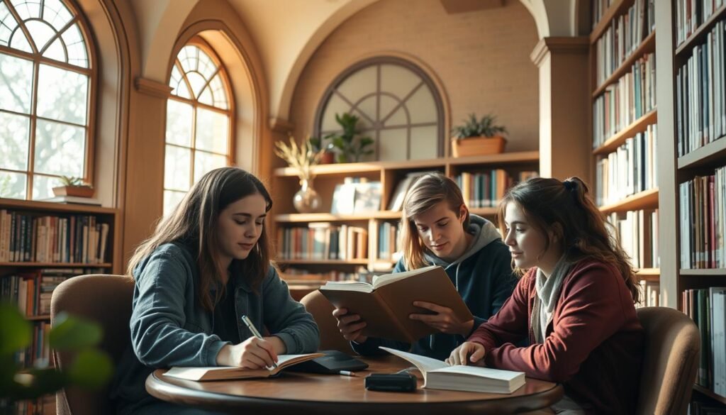 A serene study nook in a cozy library, filled with the warm glow of natural light filtering through arched windows. Teenagers immersed in their studies, their faces reflecting the focus and concentration of the cognitive tasks at hand. Bookshelves line the walls, offering a wealth of knowledge to fuel their intellectual growth. The atmosphere is one of quiet contemplation, where the pursuit of knowledge takes center stage, hinting at the cognitive capabilities blossoming within.