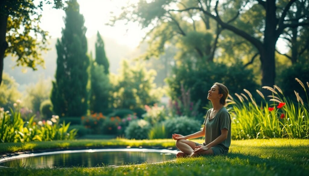 A serene, sun-dappled garden scene, with a peaceful pond at the center. In the foreground, a person sits cross-legged on the grass, eyes closed in meditation, their face exuding a sense of tranquility and inner calm. The middle ground features lush, verdant foliage - towering trees, vibrant flowers, and swaying grasses - creating a sense of seclusion and escape. The background is hazy, with soft, diffused lighting filtering through the canopy, conveying a dreamlike, therapeutic atmosphere. The overall composition evokes a feeling of mental and emotional rejuvenation, a safe haven for introspection and self-care.