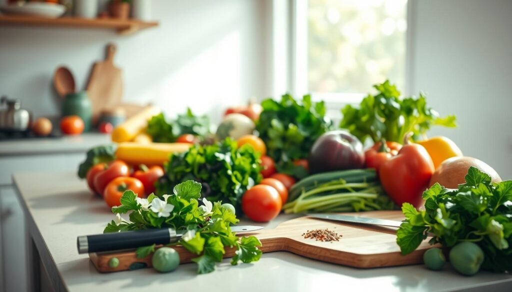 A serene, sunlit kitchen counter with an assortment of fresh, organic produce - vibrant leafy greens, crisp vegetables, and ripe fruits arranged in a visually appealing manner. In the foreground, a simple wooden cutting board with a sharp chef's knife and a few mindfully selected seasonings. Soft, diffused lighting illuminates the scene, creating a warm, inviting atmosphere. In the background, a large window allows natural light to flood the space, highlighting the colors and textures of the ingredients. The overall scene conveys a sense of mindfulness, balance, and a deep appreciation for the nourishing power of wholesome, consciously sourced foods.