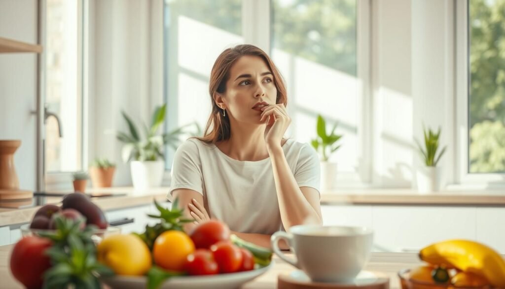 A serene, sunlit kitchen interior with a woman sitting at a table, deep in thought. The foreground features a healthy, colorful meal - fresh fruits, vegetables, and a steaming cup of tea. Soft, natural lighting filters through large windows, creating a warm, inviting atmosphere. The woman's expression is one of contemplation, reflecting the connection between her emotional well-being and her nourishing food choices. In the background, potted plants and minimalist decor emphasize the tranquility of the scene. The overall mood conveys the harmony between mental health and mindful eating.