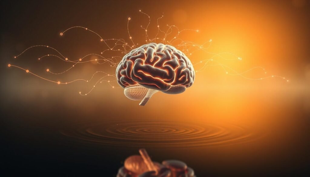 A serene, thought-provoking scene depicting the essence of neuromentoria. In the foreground, a human brain floats, its neural pathways illuminated by a soft, ethereal glow. Surrounding it, wisps of energy and data flow, representing the interconnectedness of the mind and its potential for high performance. In the middle ground, a calm, reflective pool mirrors the brain, creating a sense of balance and introspection. The background is bathed in a warm, amber light, evoking a sense of focus and clarity. The overall atmosphere is one of contemplation, a visual representation of the transformative power of neuromentoria in unlocking human potential.