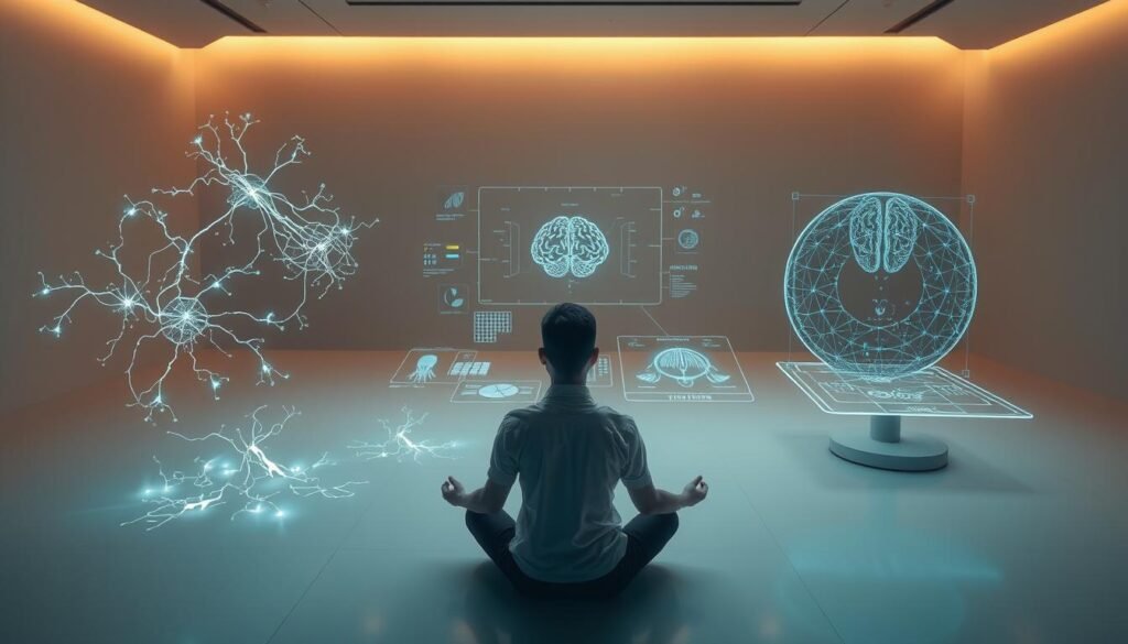 A serene, thoughtful scene depicting the techniques of Neuromentoria. The foreground features a contemplative person sitting in a meditative pose, surrounded by glowing neural pathways and pulsing energy fields representing the inner workings of the mind. The middle ground showcases a variety of visualization tools, including a holographic display and a tactile interface, used to map and analyze cognitive patterns. The background is a softly lit, minimalist space with clean lines and muted colors, creating a sense of focus and clarity. Warm, directional lighting casts gentle shadows and highlights the textures and details. The overall mood is one of deep introspection and scientific curiosity.