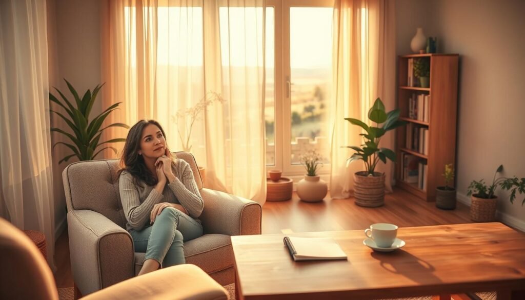 A serene, warm-toned scene depicting emotional therapy. In the foreground, a woman sits comfortably on a plush armchair, her expression thoughtful and introspective. Soft lighting filters through sheer curtains, casting a tranquil glow. In the middle ground, a minimalist wooden table holds a cup of tea and a notebook, symbolizing the journey of self-reflection. The background features a cozy, earthy-toned room with bookshelves, plants, and a window overlooking a peaceful, natural landscape, conveying a sense of balance and healing. The overall atmosphere is one of comfort, introspection, and the restorative power of emotional therapy.